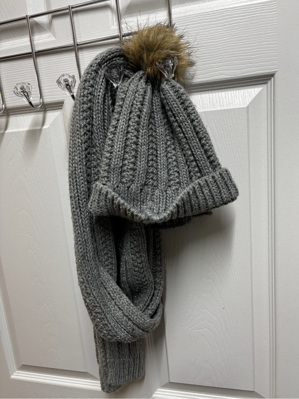 Gray Chunky Knit Pom Pom Beanie & Long Scarf Matching Winter Set